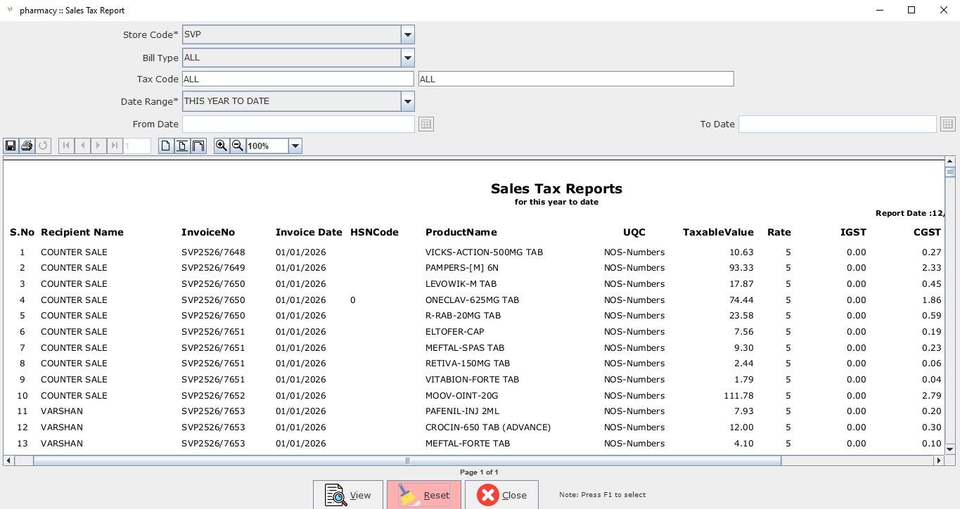 Meddoz Pharmacy Software Sales Tax Reports Screen